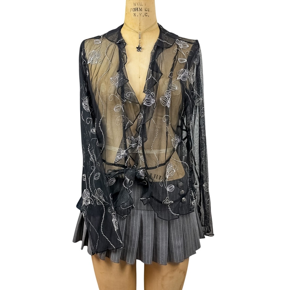 Whimsigoth Sheer Mesh Ruffle Shrug Bolero Floral Embroidered Tie Front Vintage L
